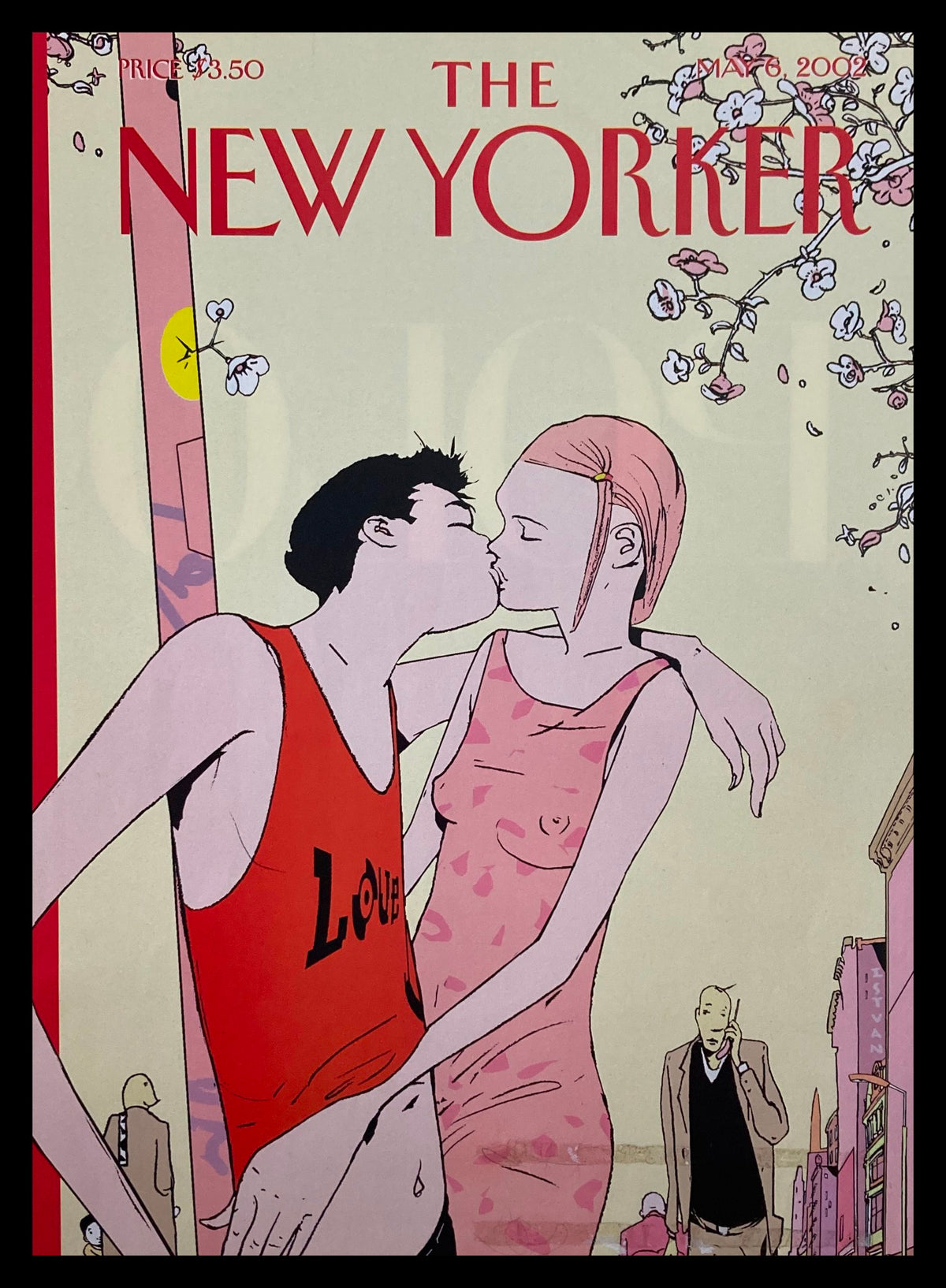 Cover of The New Yorker May 6, 2002, titled 'Spring is in the Air' featuring a couple kissing amidst cherry blossoms, artist Istvan Banyai.