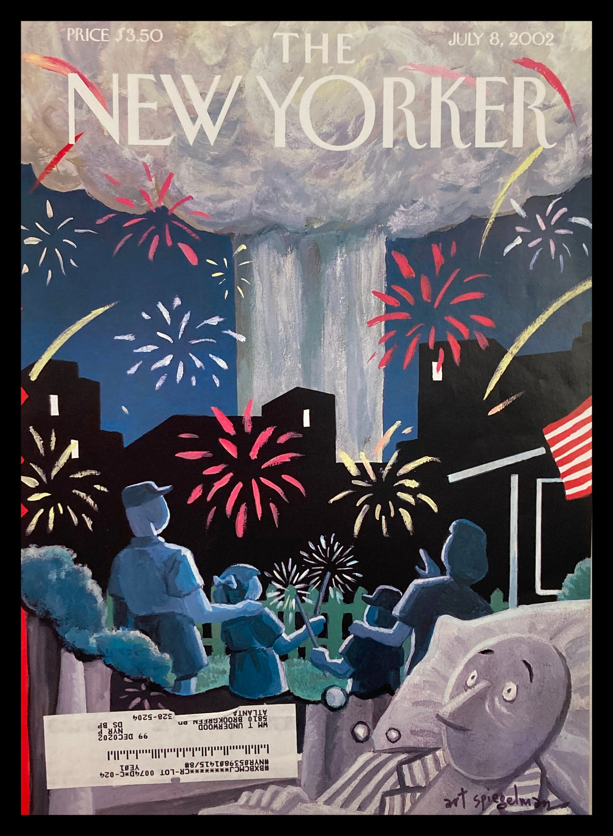 The New Yorker cover from July 8, 2002, titled 'Fears of July 2002' by Art Spiegelman, featuring a colorful illustration capturing a moment of celebration with fireworks against a cloudy backdrop.