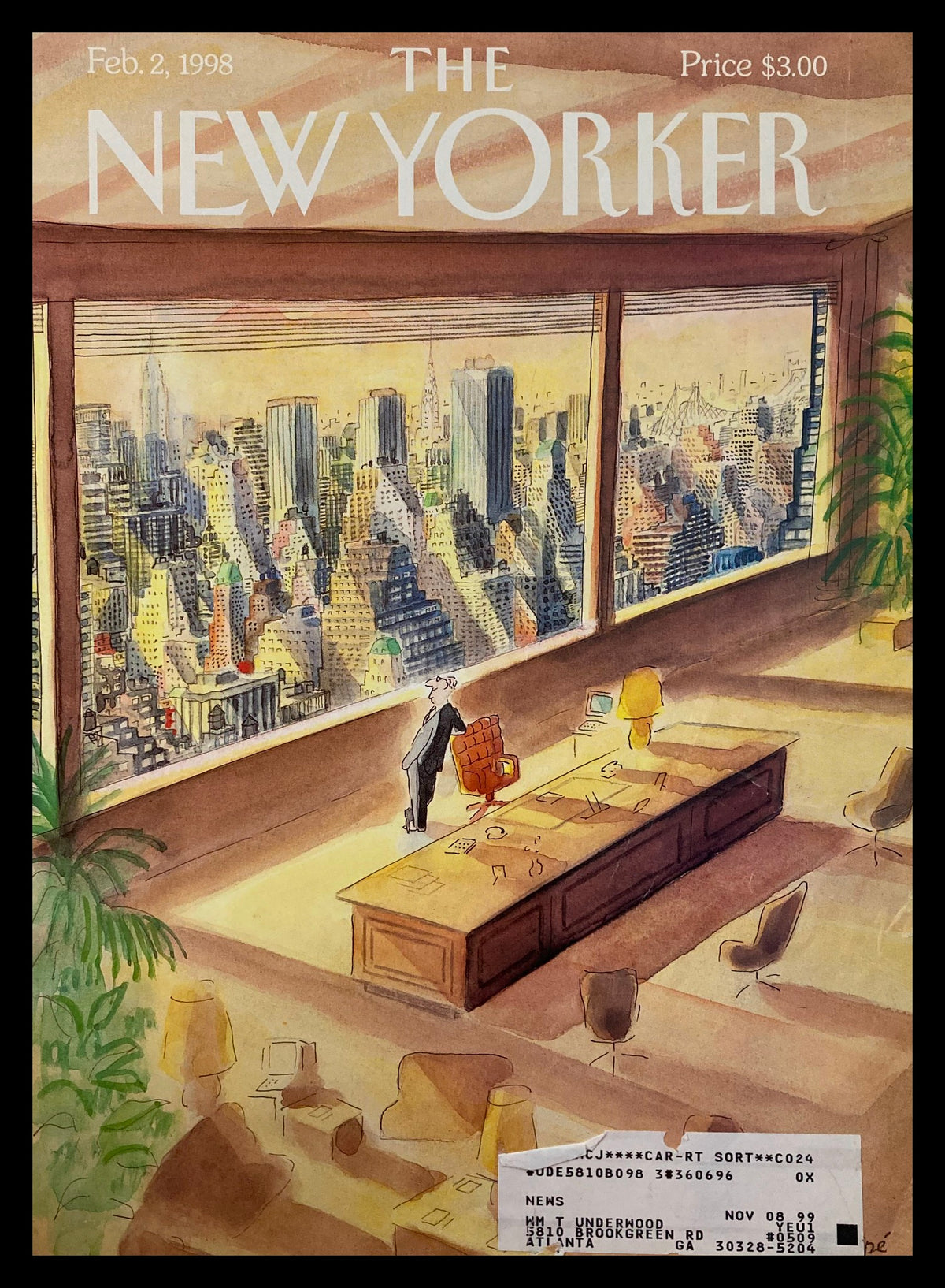 Cover of The New Yorker February 2, 1998 featuring the illustration 'A Certain Sense of His Own Importance' with a view of a city skyline.