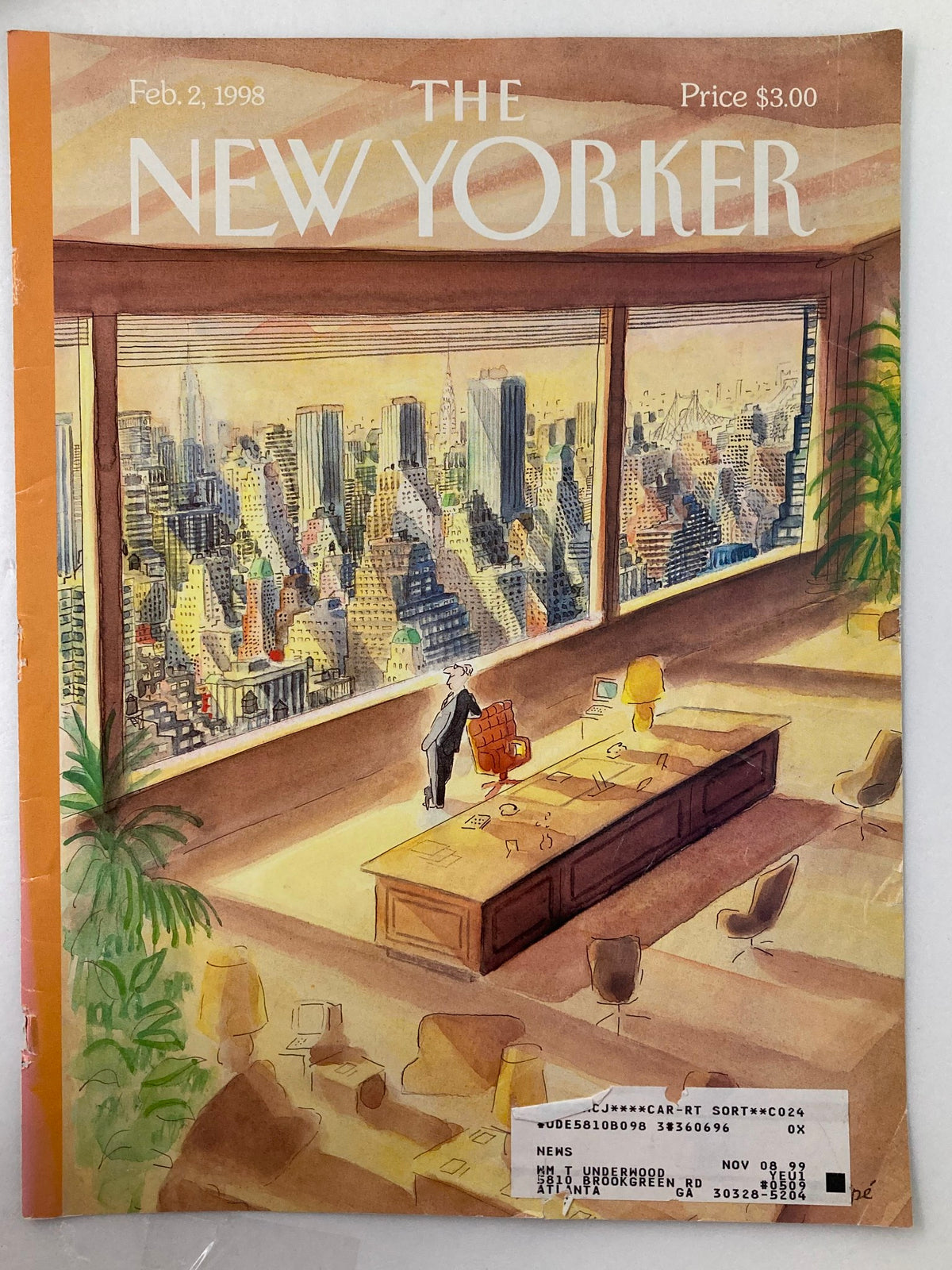 The New Yorker magazine cover from February 2, 1998, showing 'A Certain Sense of His Own Importance' with a city view and office interior.