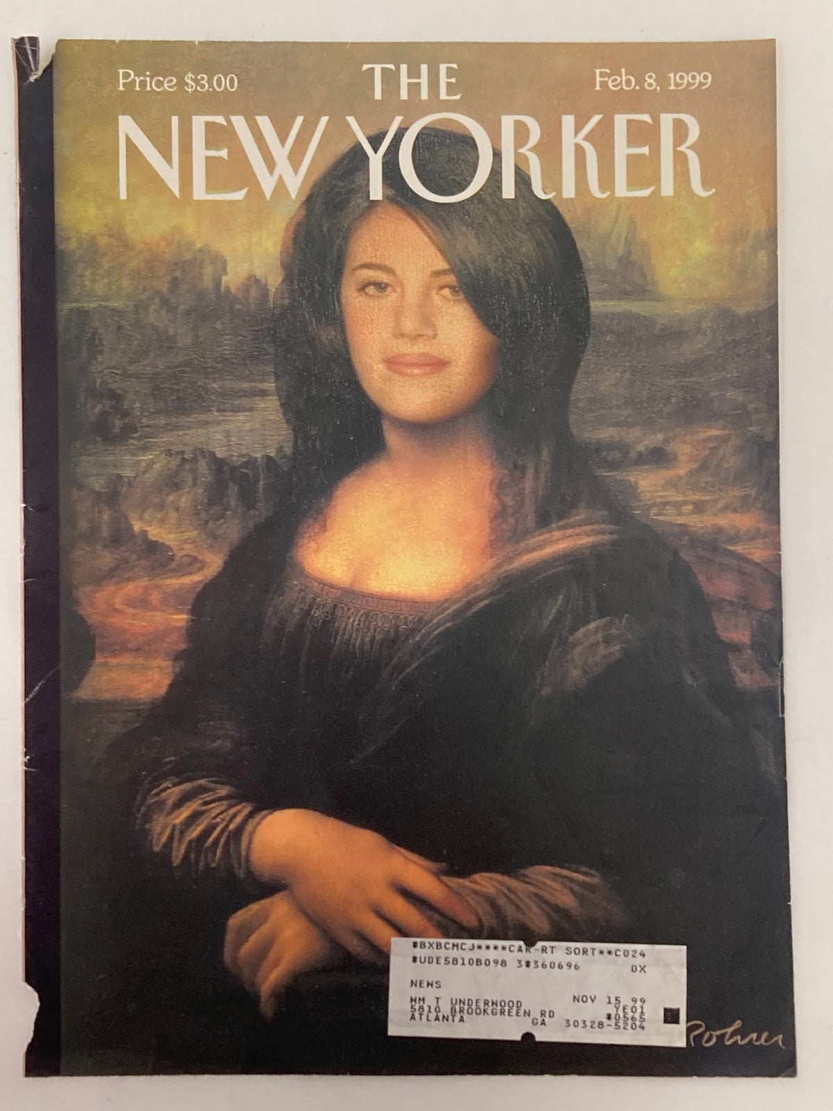 Cover of The New Yorker February 8, 1999 featuring Monica Lewinsky, illustrated by Dean Rohrer, captures a pivotal moment in American history, showcasing a vintage artistic style.
