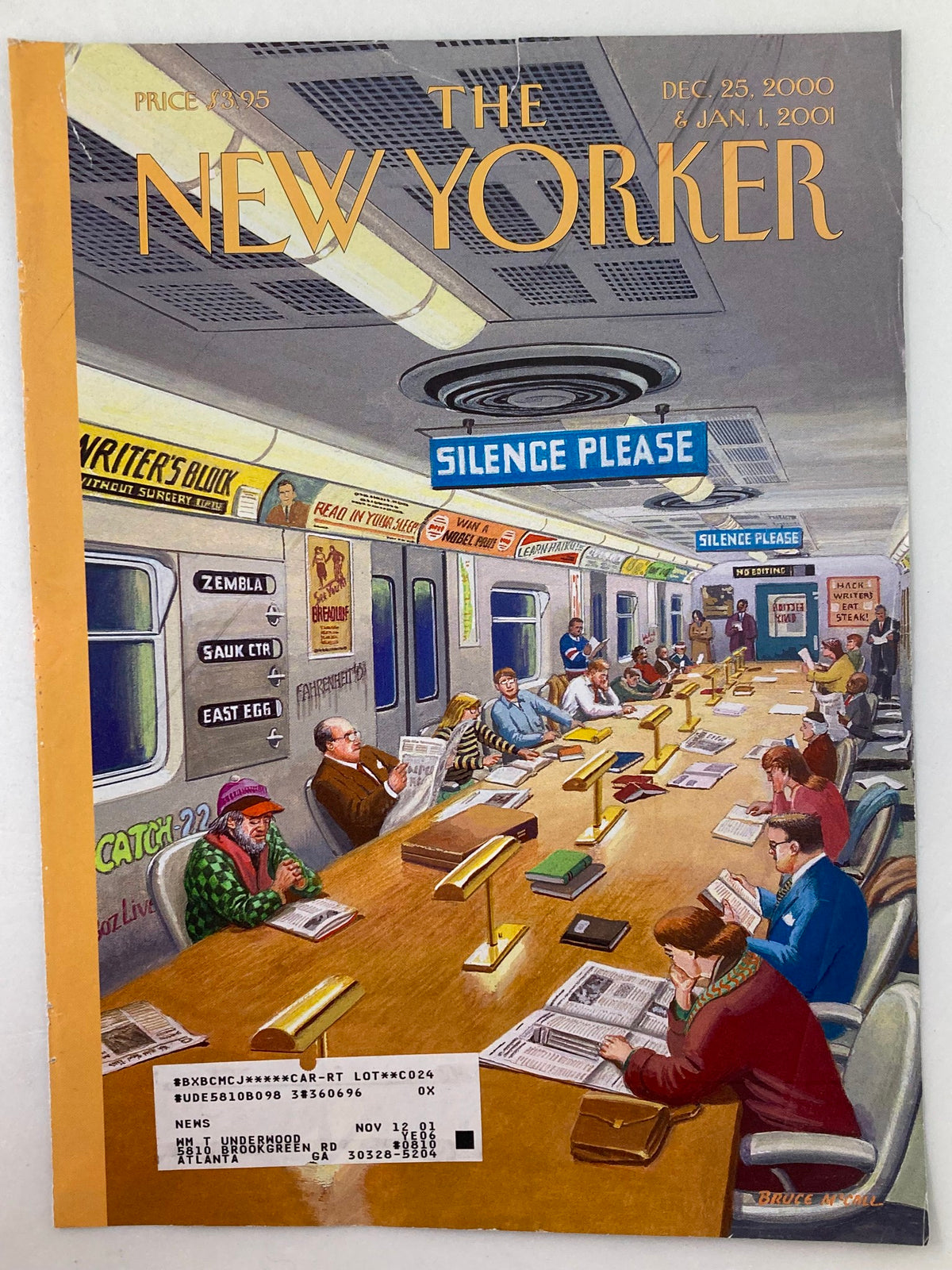 Artwork from The New Yorker December 25, 2000, 'Under Two Flags' by Bruce McCall, showcasing a lively interior of a train with passengers reading magazines.