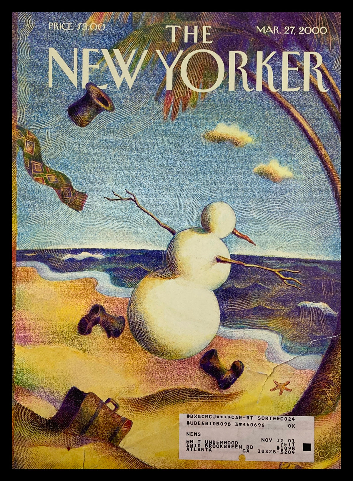 COVER ONLY The New Yorker March 27 2000 Winter is Sprung by Raul Colon, featuring a whimsical snowman on a beach with vibrant colors.