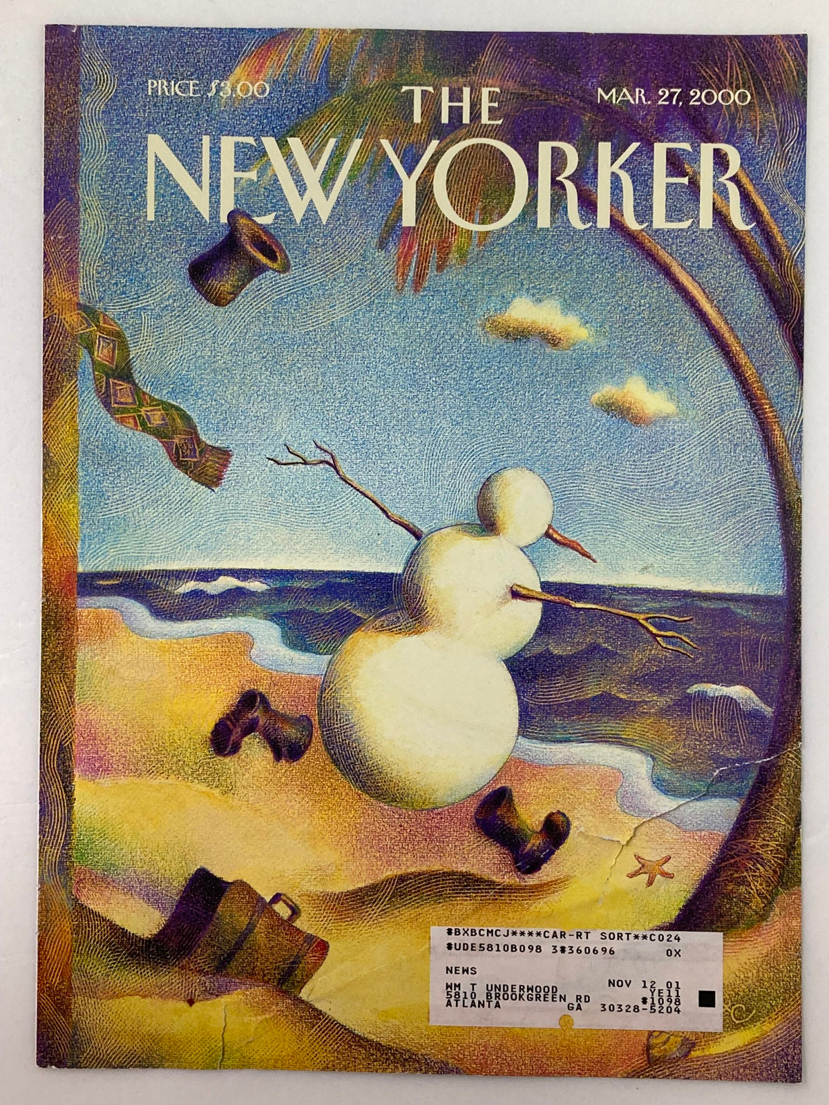 COVER ONLY The New Yorker March 27 2000 Winter is Sprung by Raul Colon, showcasing a snowman frolicking on the shore surrounded by beach-related elements.