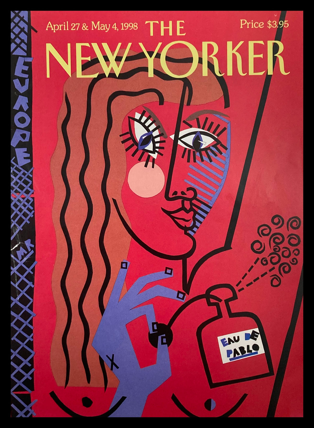 The New Yorker April 27 1998 cover featuring 'Eau de Pablo' by Michael Roberts, showcasing vibrant colors and abstract art with a woman holding a perfume bottle.