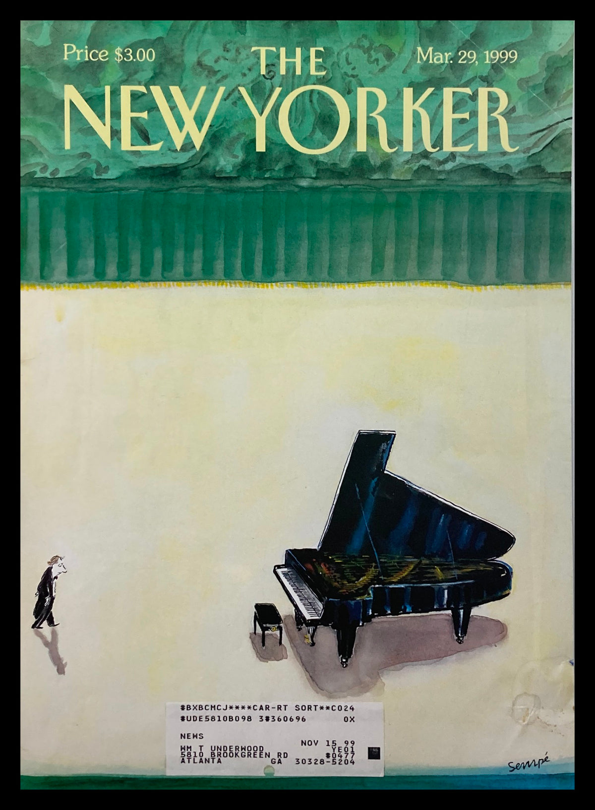 Cover of The New Yorker March 29 1999 featuring the illustration 'Slight Anxiety' by Jean-Jacques Sempe, depicting a grand piano and a character walking in a whimsical urban landscape.