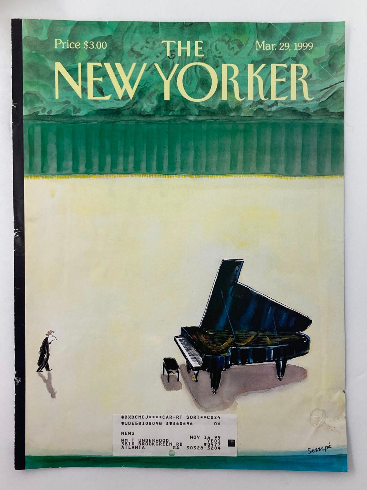 The New Yorker March 29 1999 magazine cover showing the artwork 'Slight Anxiety' by Jean-Jacques Sempe, with a detail of a grand piano and a lone figure strolling.