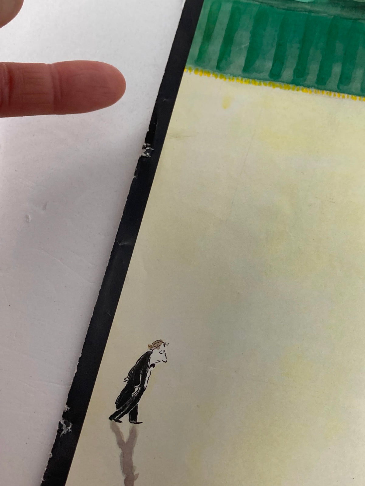 Detail of the character from The New Yorker March 29 1999 cover, 'Slight Anxiety' by Jean-Jacques Sempe, showcasing the expressive style and unique wear of the magazine.