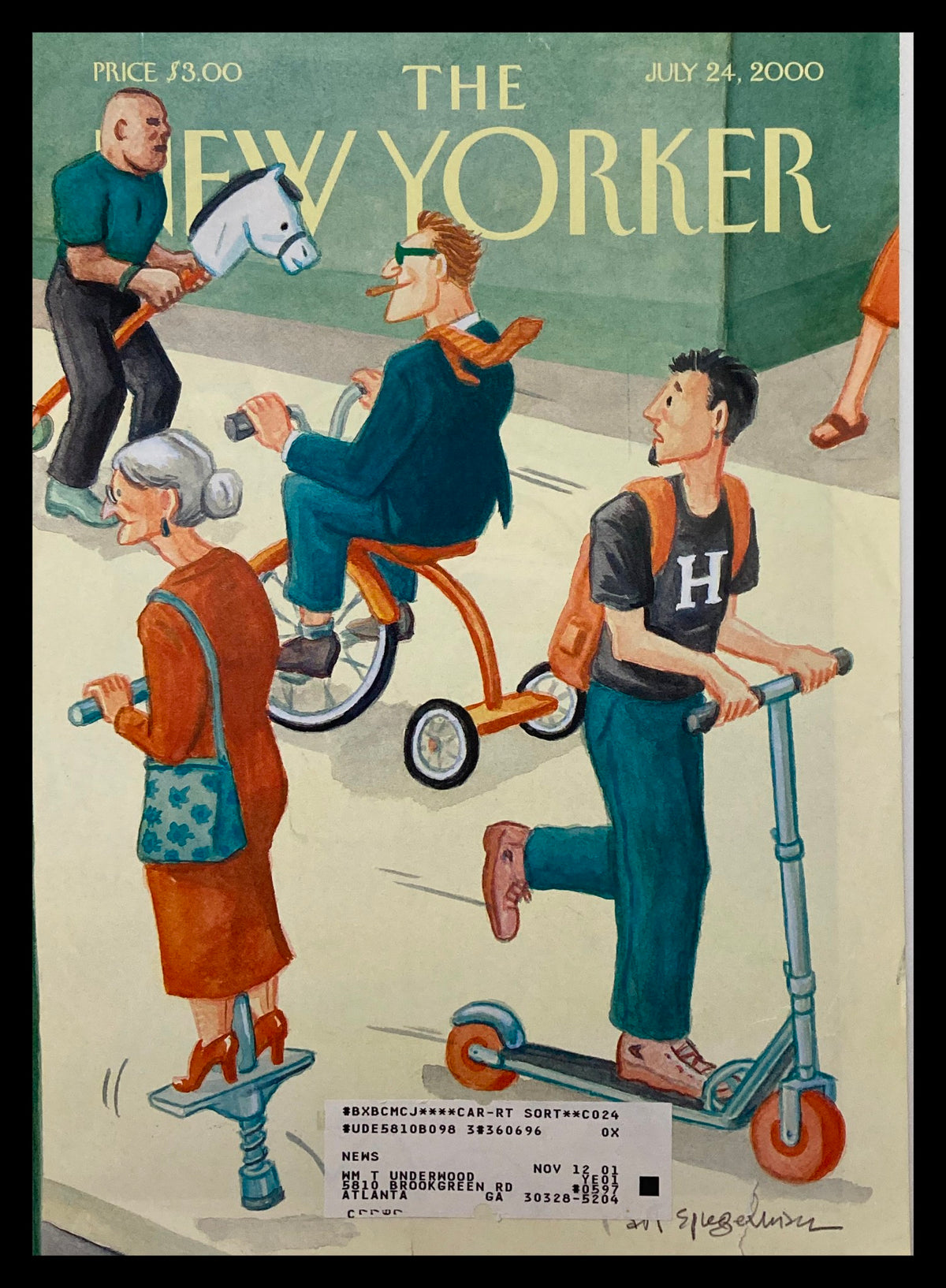 The New Yorker Cover July 24 2000 titled 'Reinventing The Wheel' by Art Spiegelman, featuring diverse characters on scooters and a horse toy, showcasing colorful, playful urban life.
