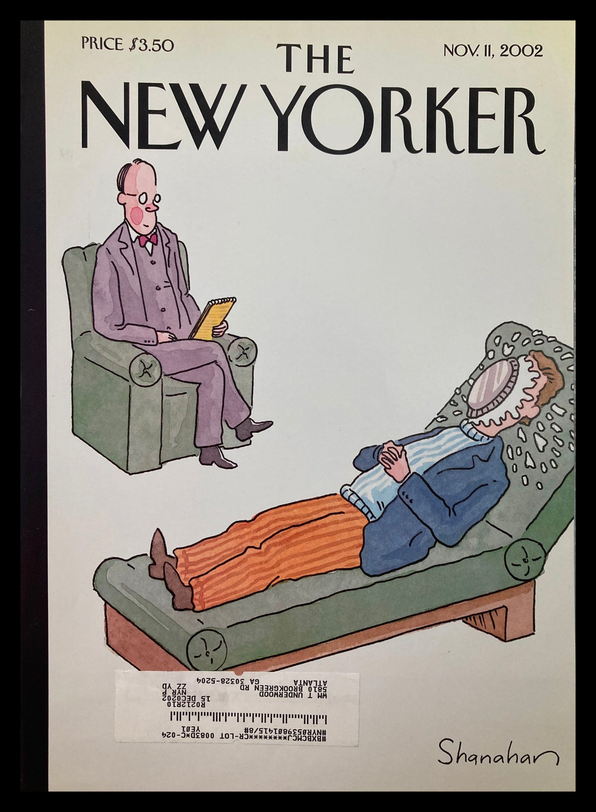Cover of The New Yorker magazine from November 11, 2002, illustrated by Danny Shanahan, depicting a doctor and patient scene.