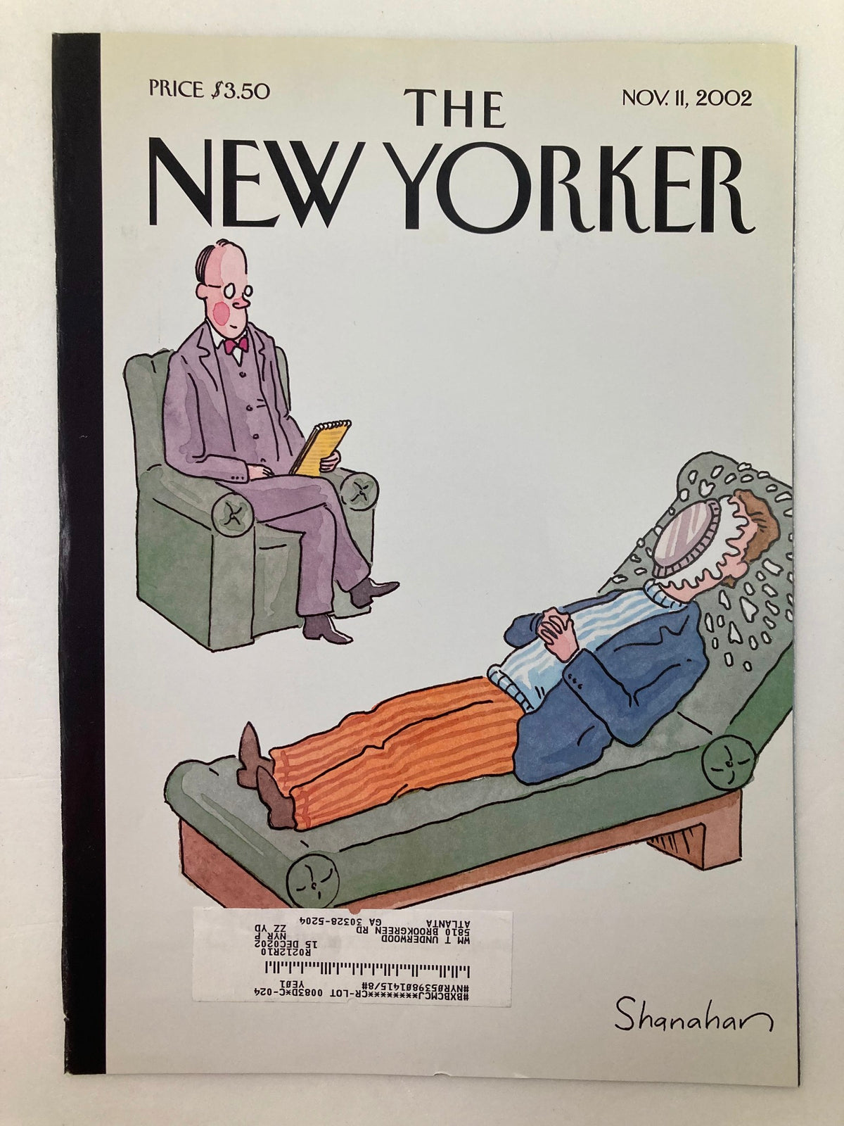 Cover only of The New Yorker magazine from November 11, 2002, illustrated by Danny Shanahan, featuring a doctor and patient in an artistic discussion.