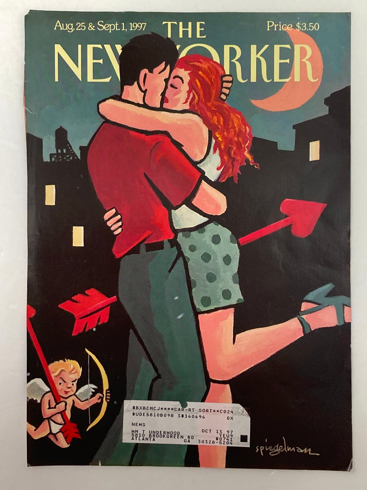 Cover art of The New Yorker issue dated August 25, 1997, featuring the illustration titled 'Beau and Eros' by Art Spiegelman. The artwork depicts a couple embracing, with playful elements like a cherubic character holding a bow and arrow, set against a cityscape background.