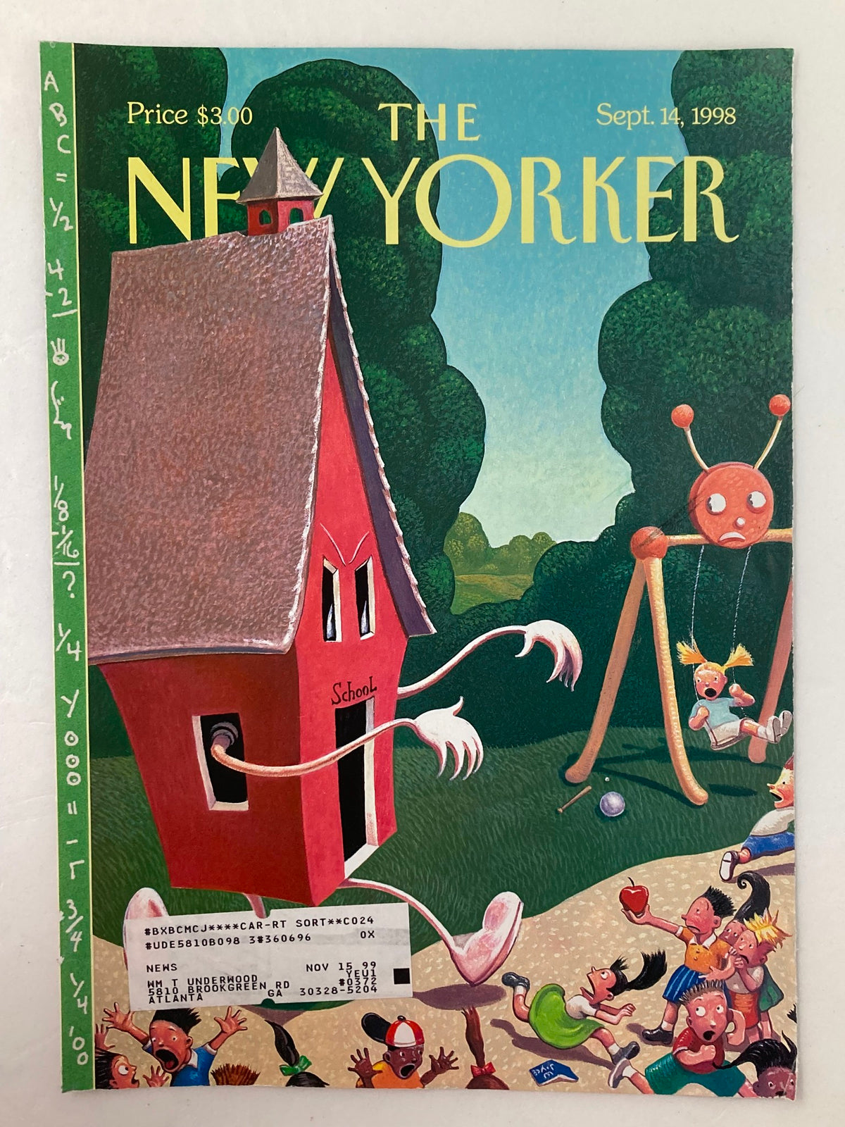 COVER ONLY The New Yorker September 14 1998 Back to School by William Joyce, showcasing a vibrant caricature of a school and playful children in a vintage magazine cover design.
