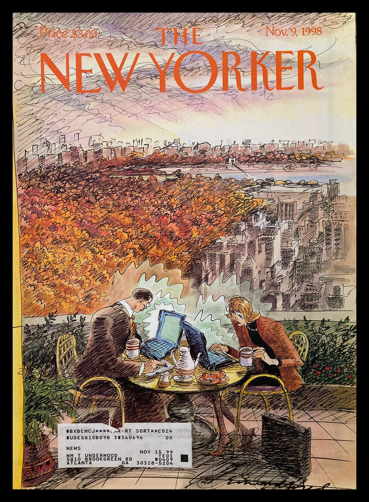 Cover image of The New Yorker November 9, 1998, titled 'Early Birds' by Edward Sorel, featuring a humorous illustration of two individuals working on laptops with a picturesque autumn city backdrop.