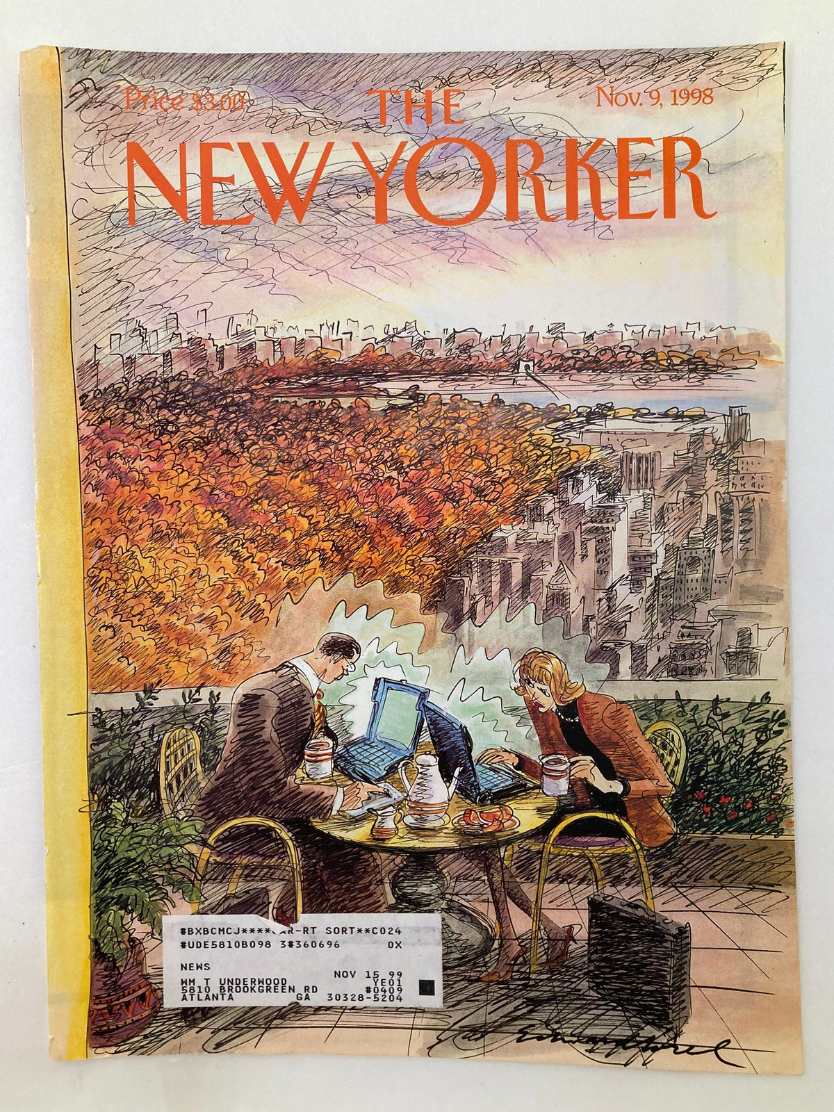 Cover image of The New Yorker November 9, 1998, titled 'Early Birds' by Edward Sorel, showcasing a vibrant illustration of two people engaged in work at a café table overlooking a colorful autumn cityscape.