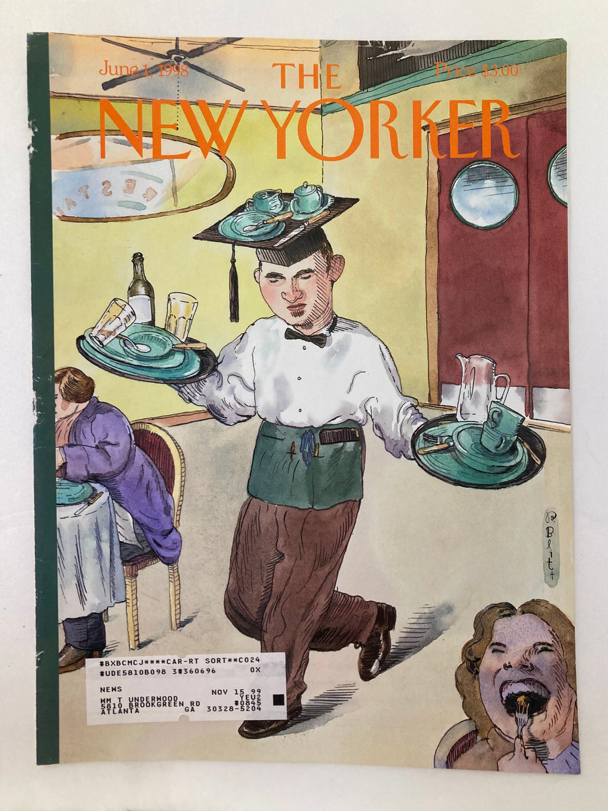 Cover of The New Yorker dated June 1, 1998, showcasing an illustration by Barry Blitt, of a waiter with a graduation hat serving drinks, representing a nostalgic childhood moment.