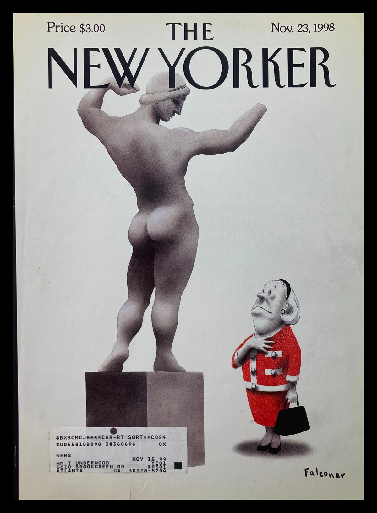 Cover of The New Yorker November 23, 1998 featuring art appreciation by Ian Falconer, showcasing a whimsical statue and an illustrated character in a suit.