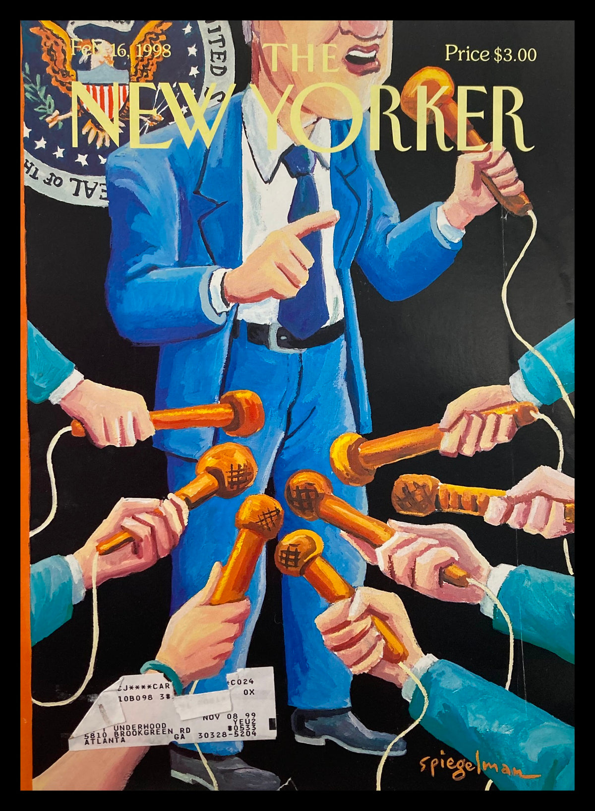 Cover of The New Yorker dated February 16, 1998, featuring 'The Low Road' by Art Spiegelman, showcasing a politician with multiple microphones in focus and a vibrant illustration style.