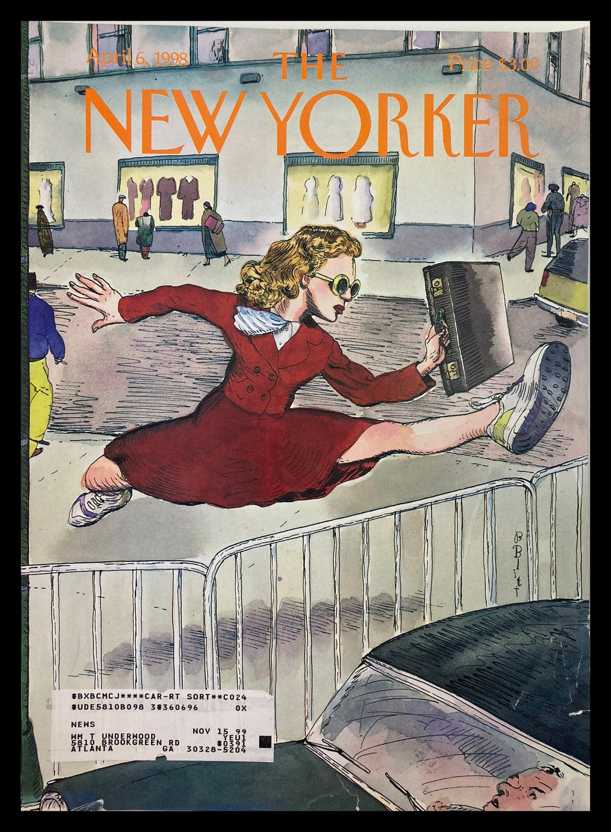 Cover of The New Yorker April 6 1998, featuring the artwork "Taking It in Stride" by Barry Blitt, showcasing a woman in a red dress and sunglasses leaping over a barrier while holding a bag.