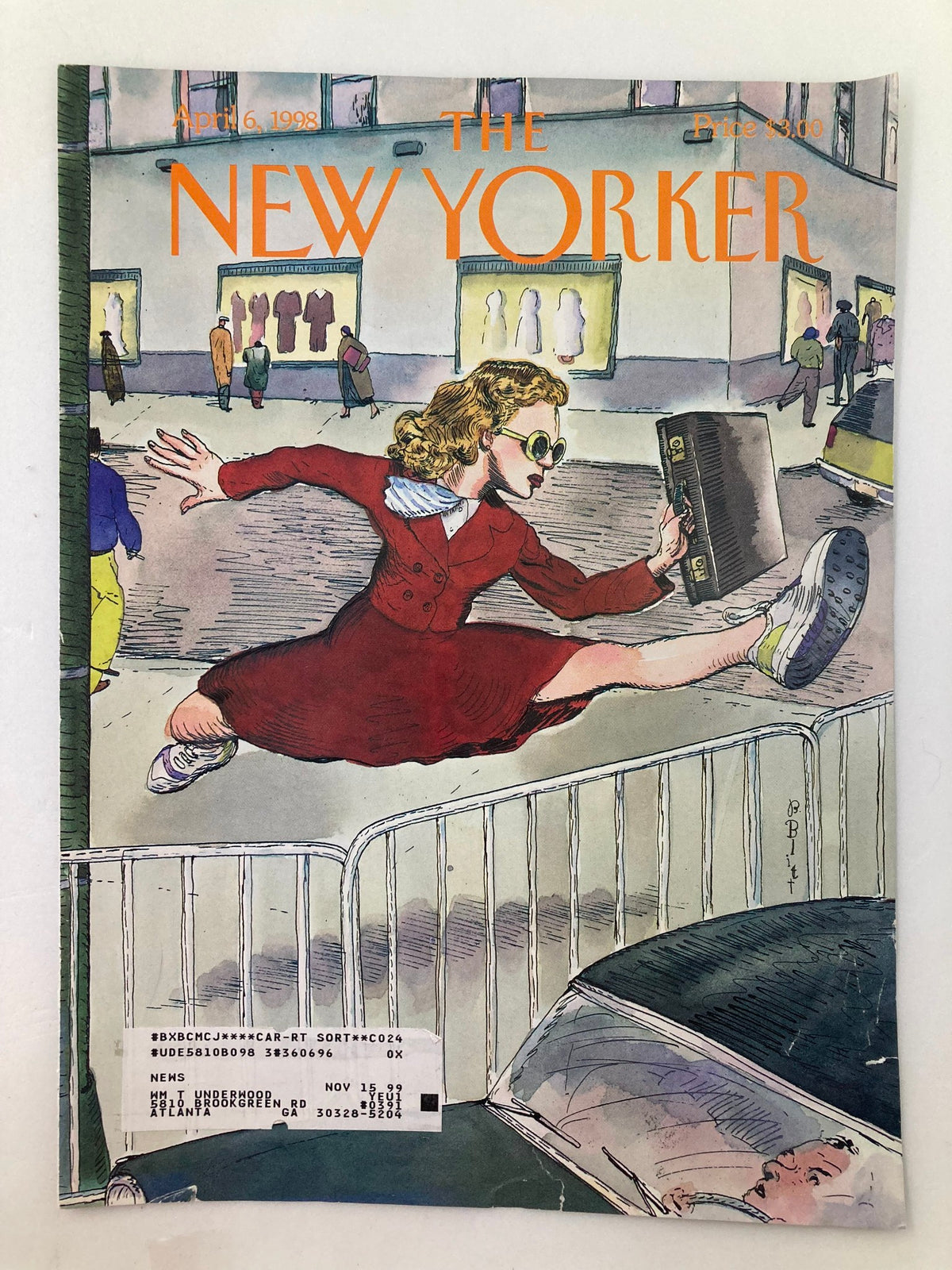 Cover of The New Yorker April 6 1998, highlighting the illustration "Taking It in Stride" by Barry Blitt, depicting a stylish woman in red mid-jump over a fence in a cityscape.