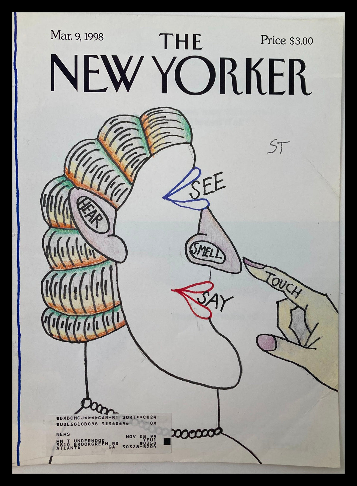 Cover of The New Yorker from March 9, 1998 titled 'Five Senses' by Saul Steinberg, featuring a colorful illustration depicting the five senses with text labels and a hand pointing to the figure.