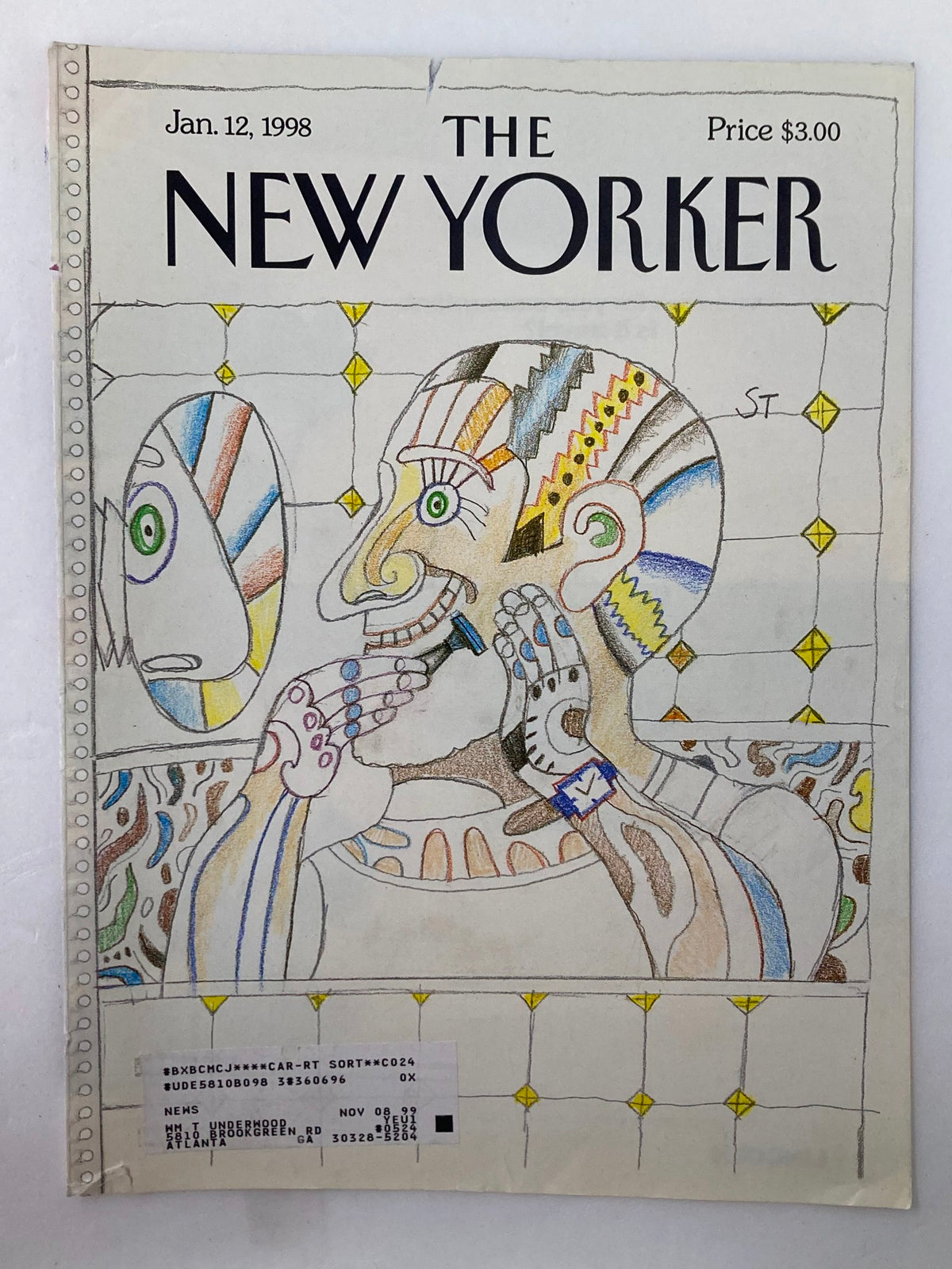 Image of The New Yorker cover from January 12, 1998, titled 'The Man in the Mirror' by S. Steinberg showing vibrant artwork and publisher details.