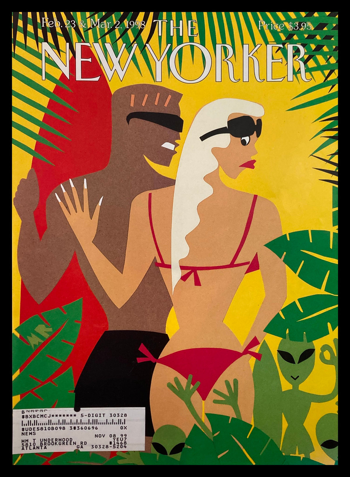 Cover of The New Yorker from February 23, 1998, featuring the artwork 'California Sighting' by M. Roberts. The design showcases two figures in swimwear against a vibrant tropical background, making it a collectible item.