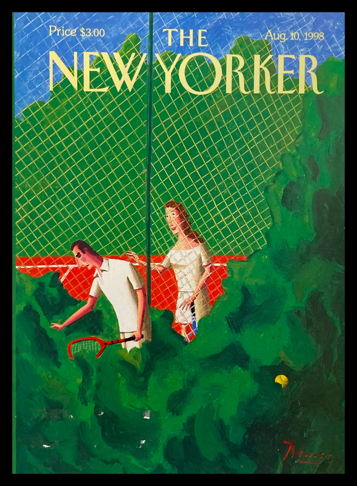 Cover art of The New Yorker, August 10, 1998, titled 'Advantage Out' by Benoit van Innis, featuring a tennis scene with a man and woman behind a green fence.