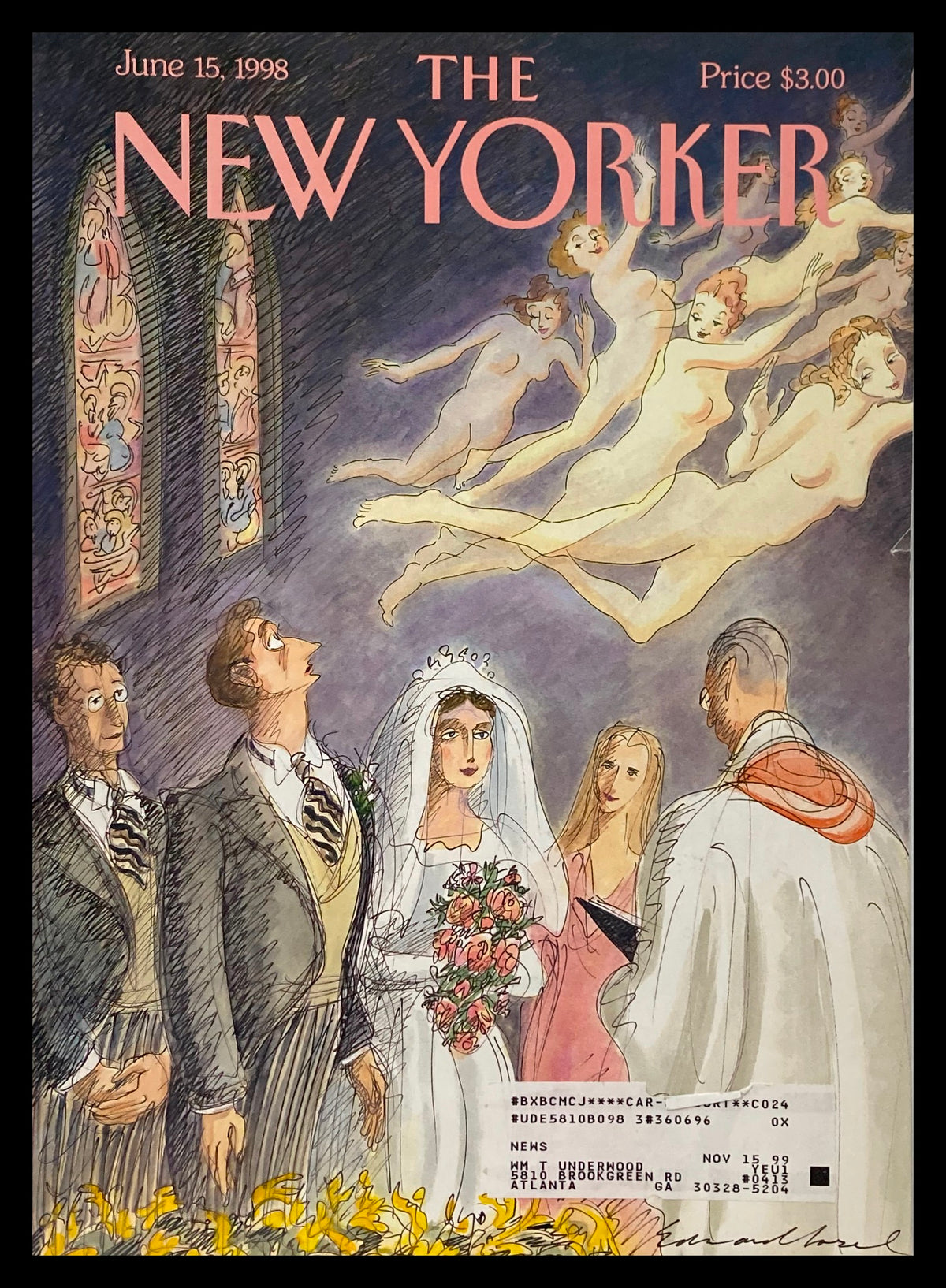 Cover of The New Yorker June 15 1998 titled 'Temptation' by Edward Sorel, featuring a wedding scene with a bride, groom, and angels in the background.