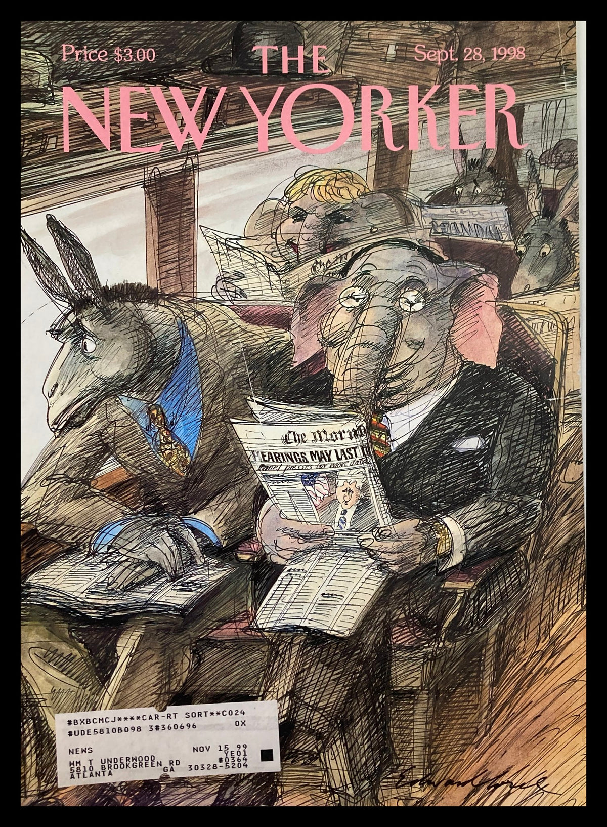 Cover of The New Yorker, dated September 28, 1998, featuring a satirical illustration encapsulating political themes, titled 'All The News Unfit to Print,' by Sorel.