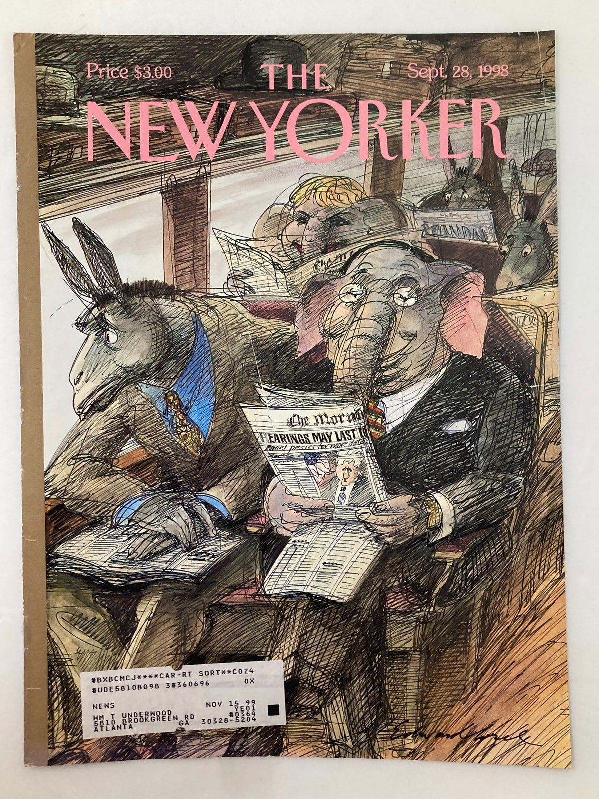Another view of The New Yorker cover from September 28, 1998, showcasing Sorel's artistic depiction of political figures, titled 'All The News Unfit to Print,' reflecting irony in societal commentary.