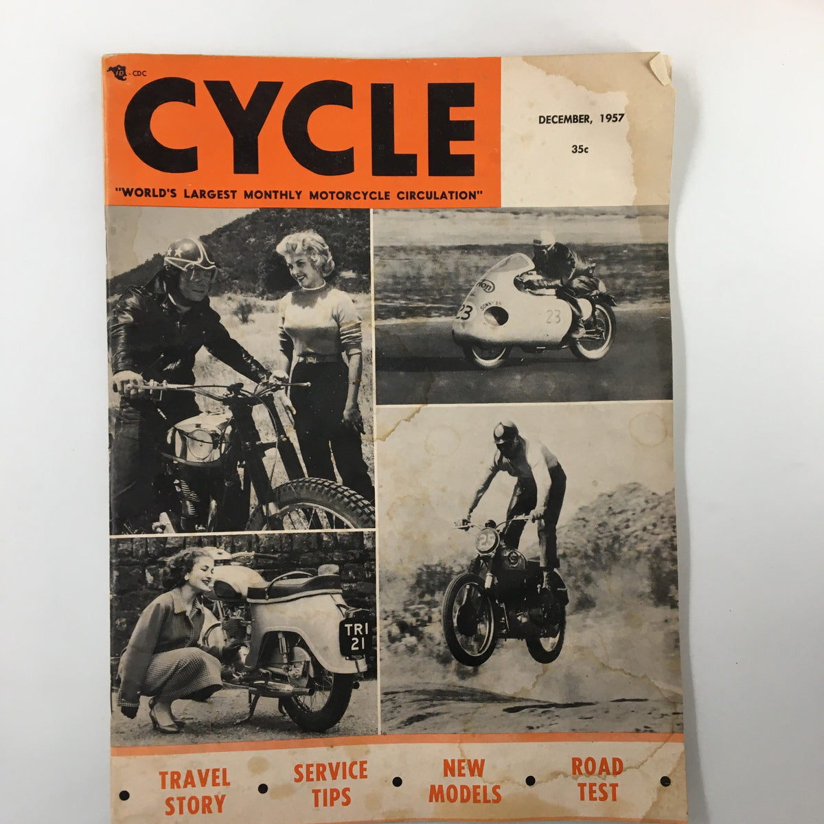 Cover of VTG Cycle Magazine December 1957 featuring images of motorcycles and cycling enthusiasts, titled 'Around The World in Ten Years'.