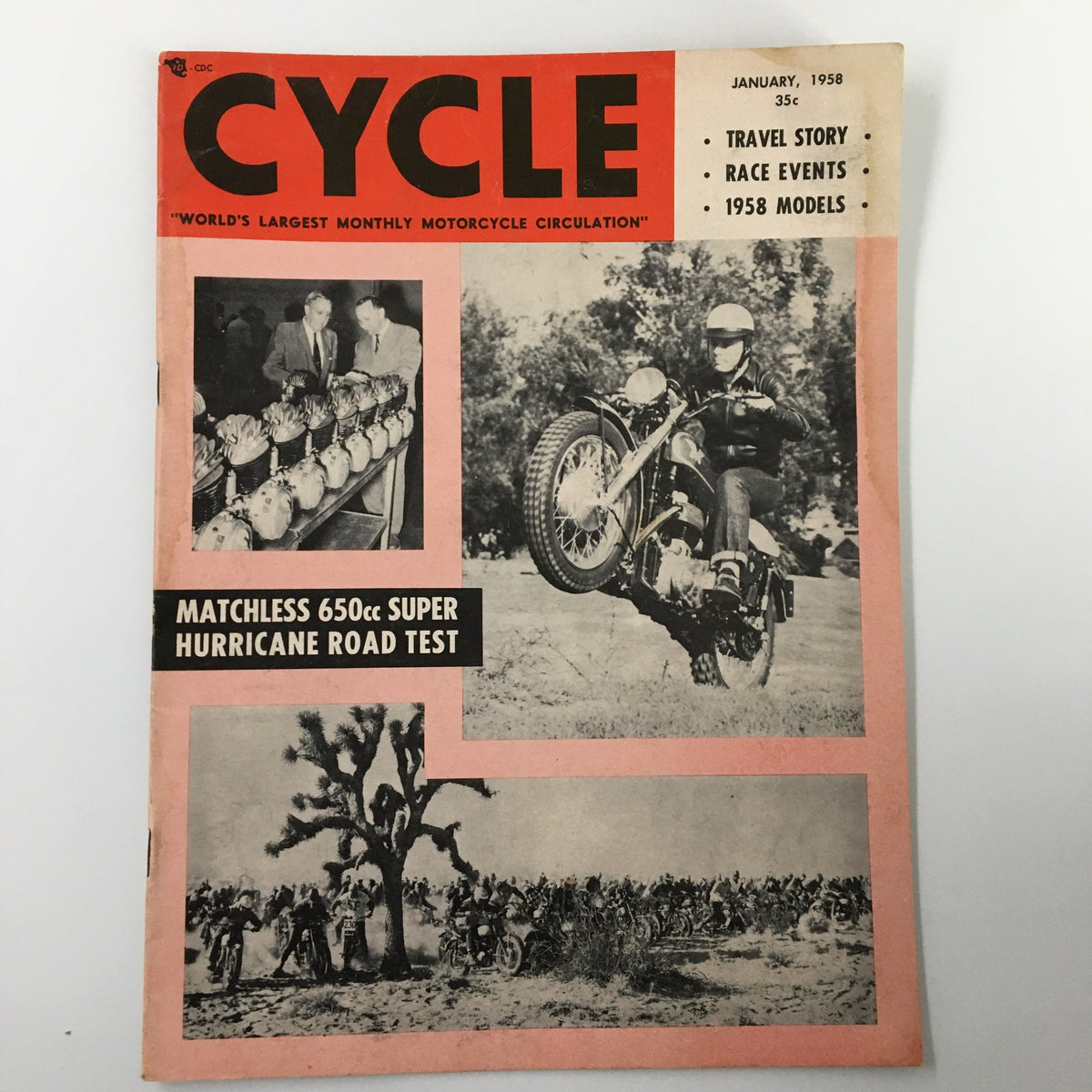 Cover of VTG Cycle Magazine January 1958 featuring Matches 650cc Super Hurricane Road Test, showcasing classic motorcycle imagery including riders and motorcycles.