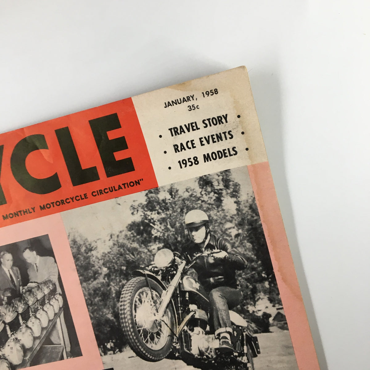 Detail from the cover of VTG Cycle Magazine January 1958, highlighting Matches 650cc Super Hurricane Road Test with promotional text and stunning photography.