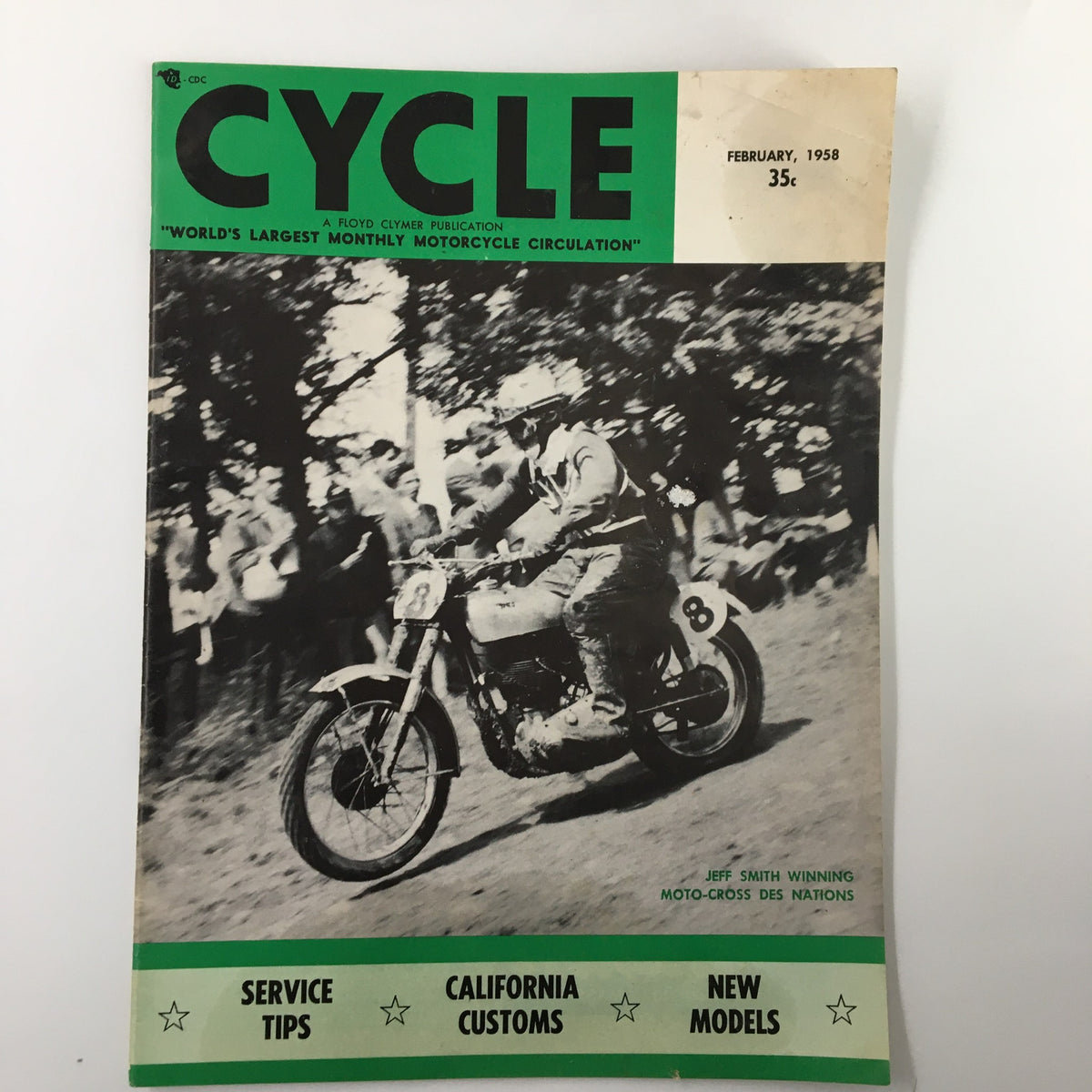 VTG Cycle Magazine February 1958 cover featuring a motocross racer, showcasing the magazine's title and publication details.