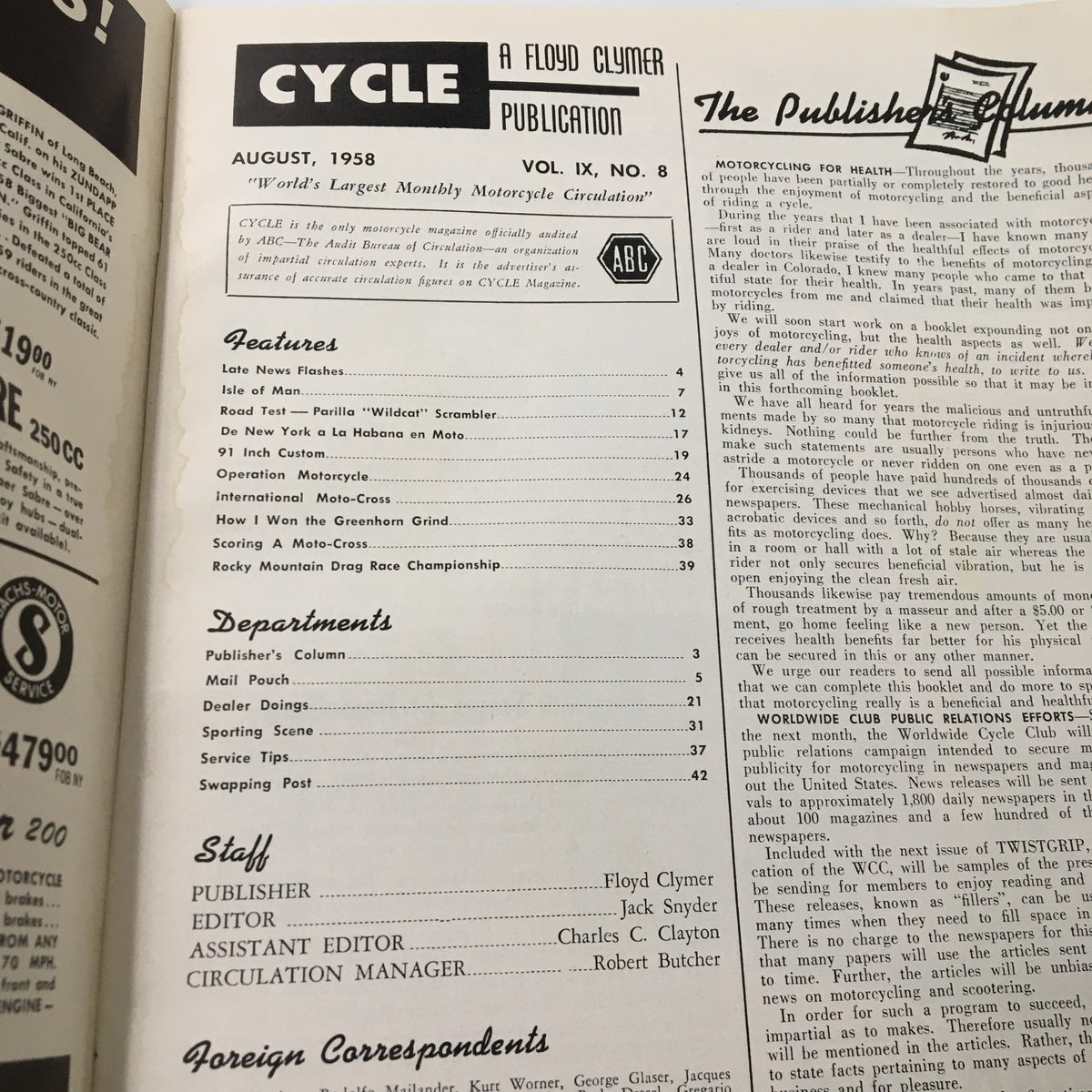 Vintage Cycle Magazine August 1958 How I Won the Greenhorn Grind No Label