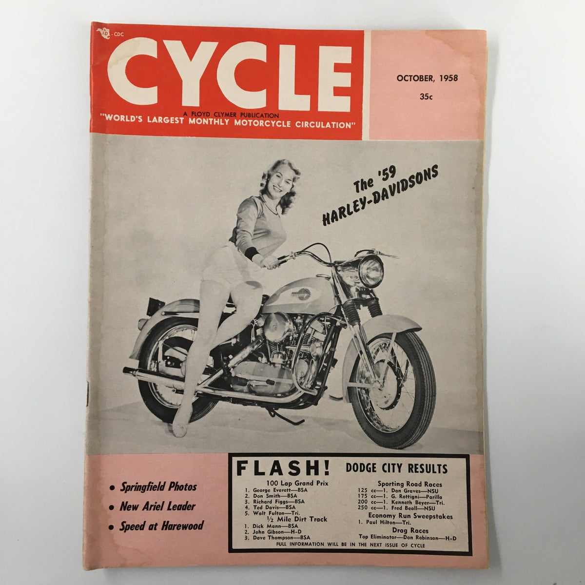 VTG Cycle Magazine October 1958 cover featuring a woman next to a Harley-Davidson motorcycle and article highlights including '59 Harley-Davidsons.