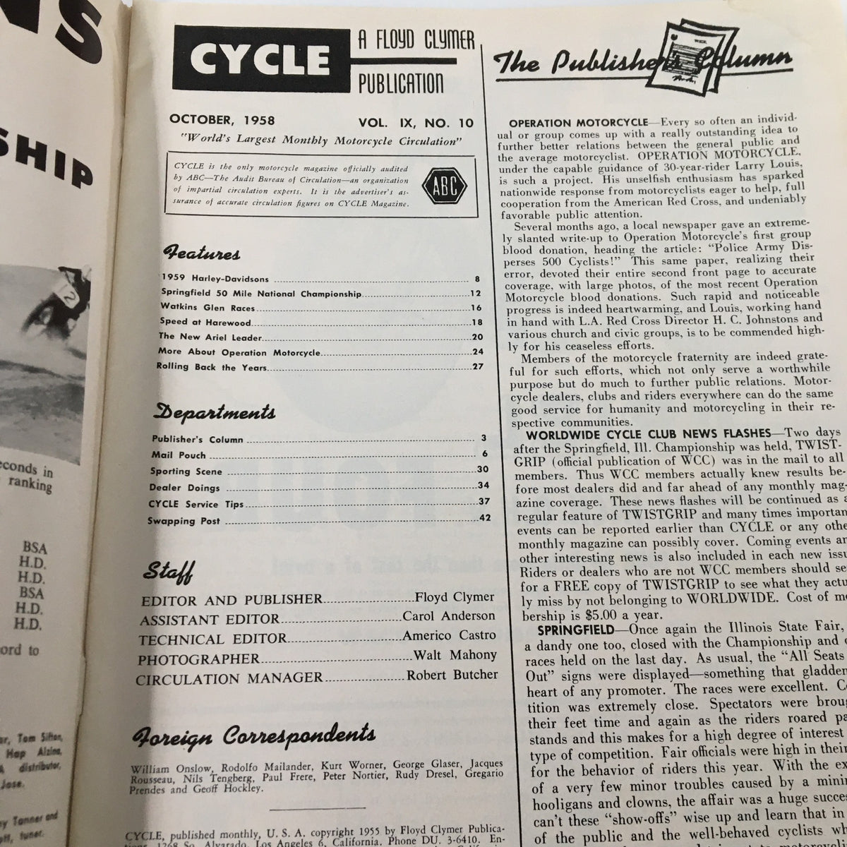 Interior page of the VTG Cycle Magazine October 1958 displaying the table of contents and features related to motorcycle culture and history.