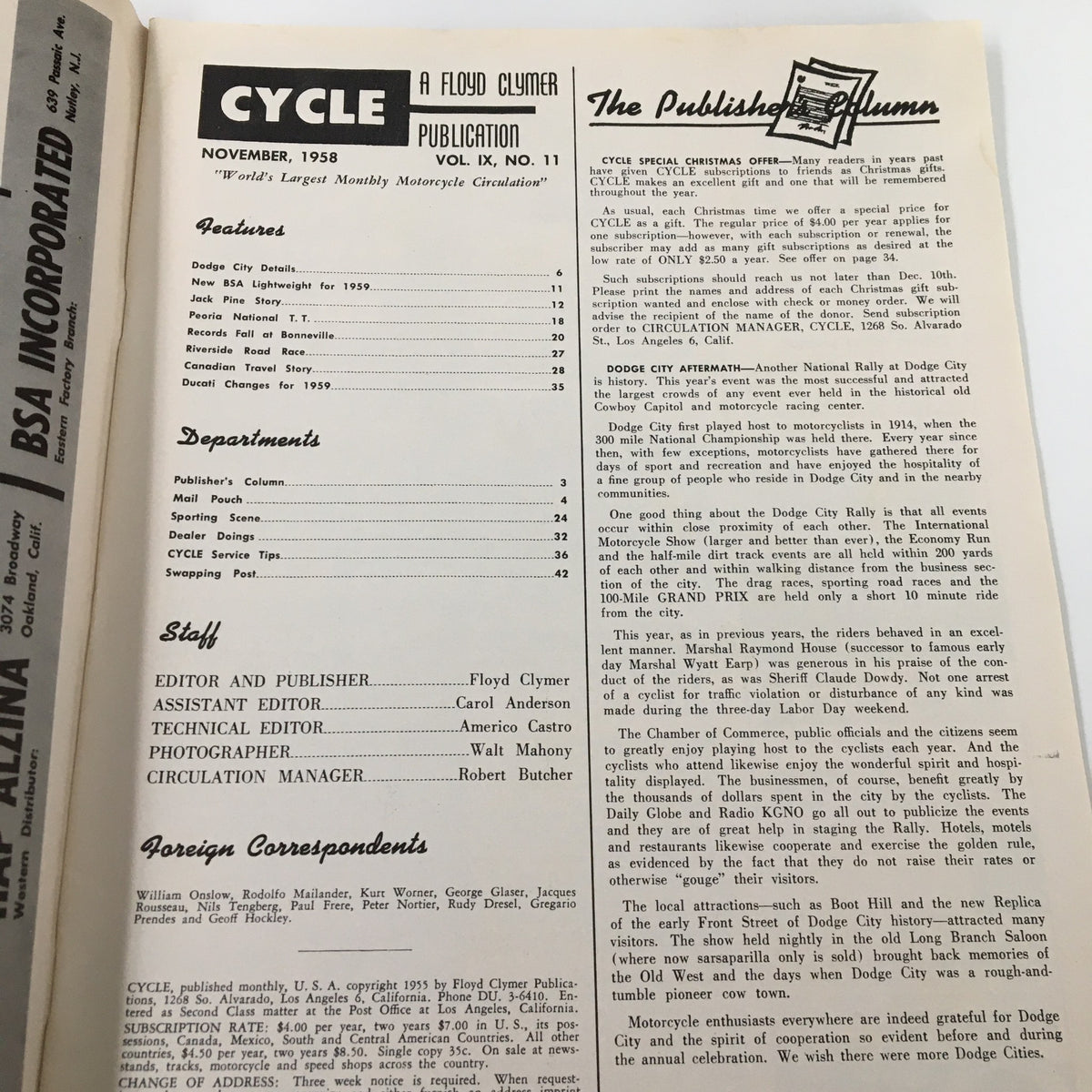 Vintage Cycle Magazine November 1958 The New BSA Lightweight for 1959 No Label