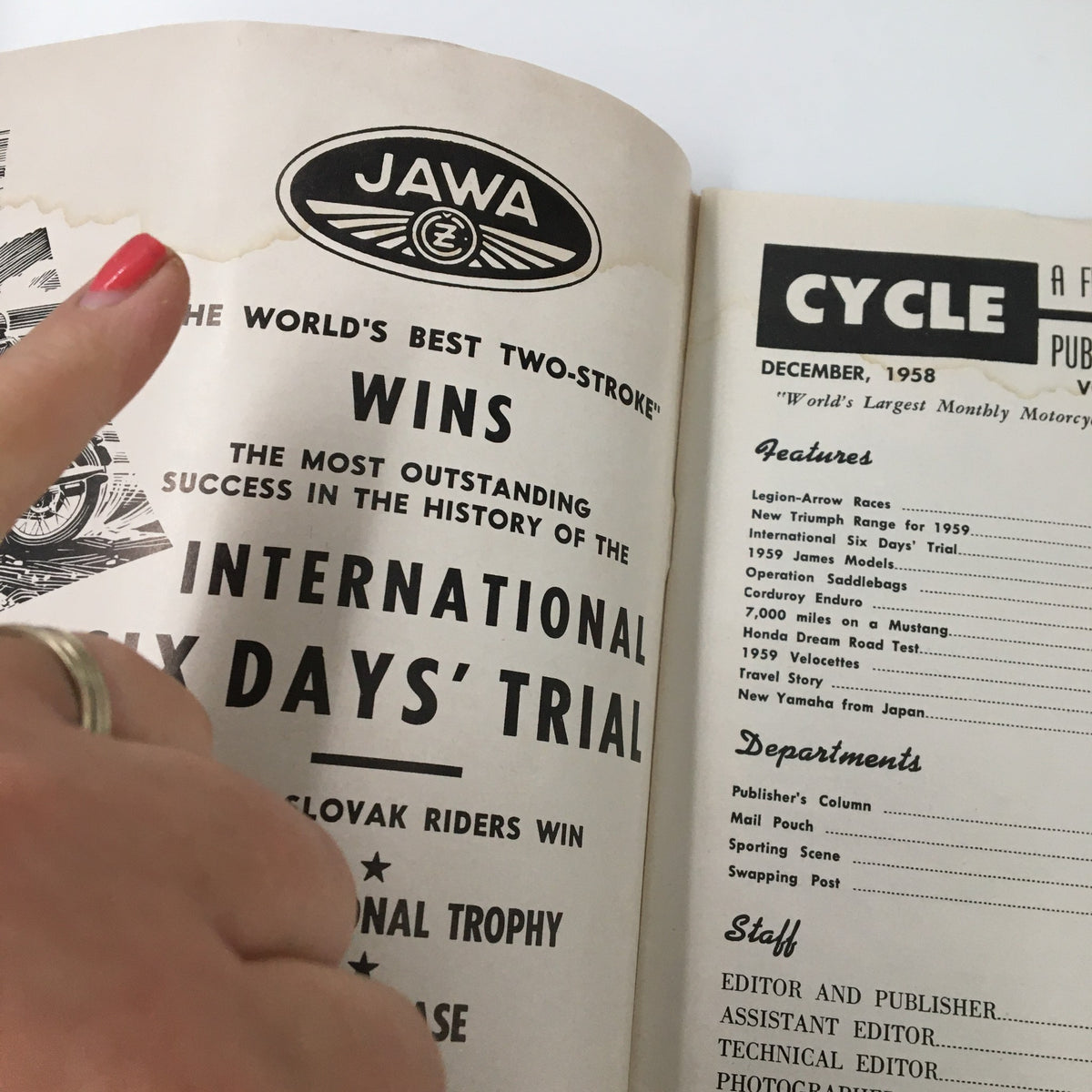 Interior page of VTG Cycle Magazine December 1958 featuring the announcement of JAVA's success at the International Six Days' Trial, showcasing vintage motorcycle design.