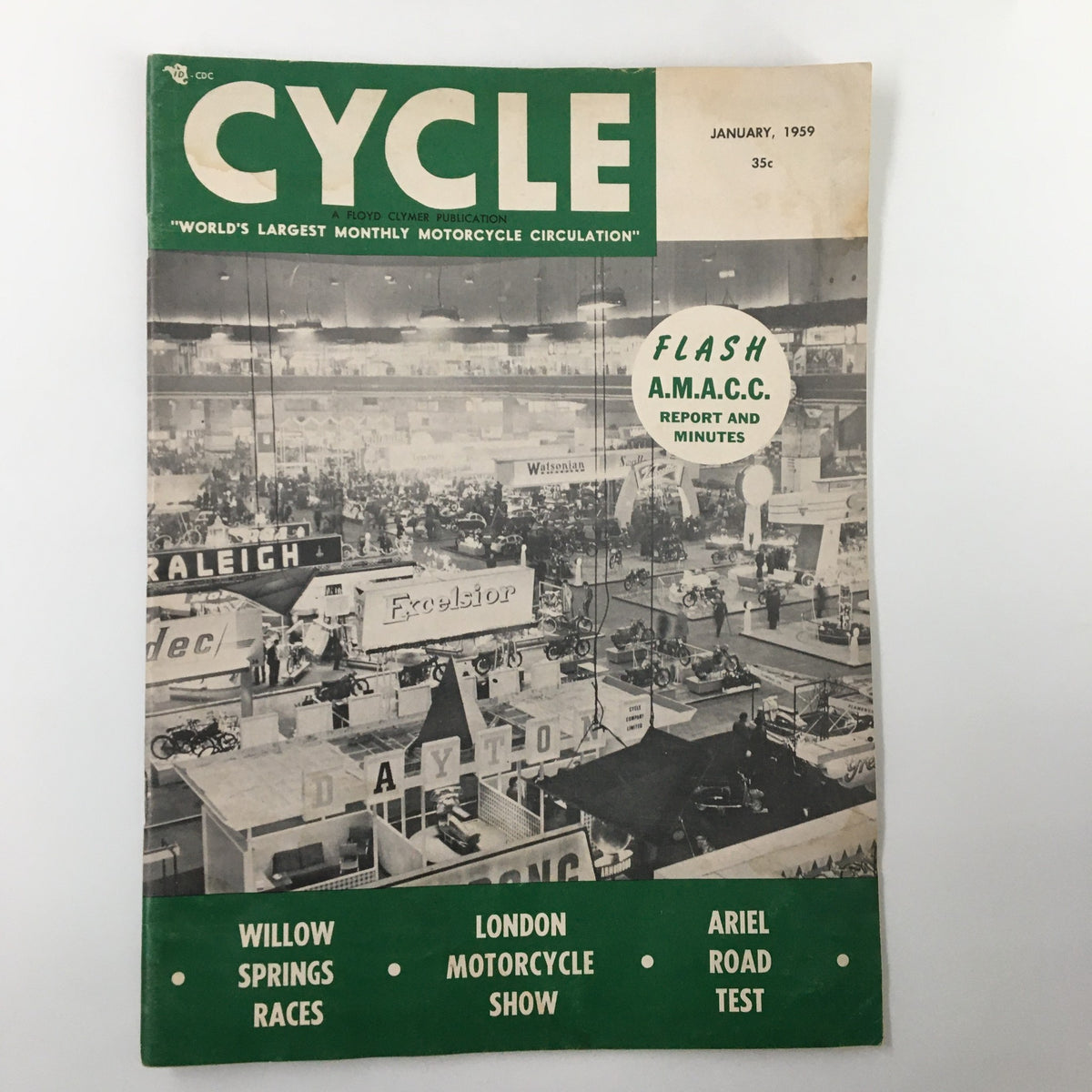 VTG Cycle Magazine January 1959 Cover displaying an exhibit from a motorcycle show with various brands showcased.