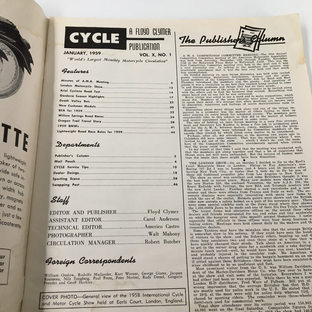 Inside page of VTG Cycle Magazine January 1959 featuring the table of contents and highlights including Lightweight Road Race Rules for 1959, published by Floyd Clymer.