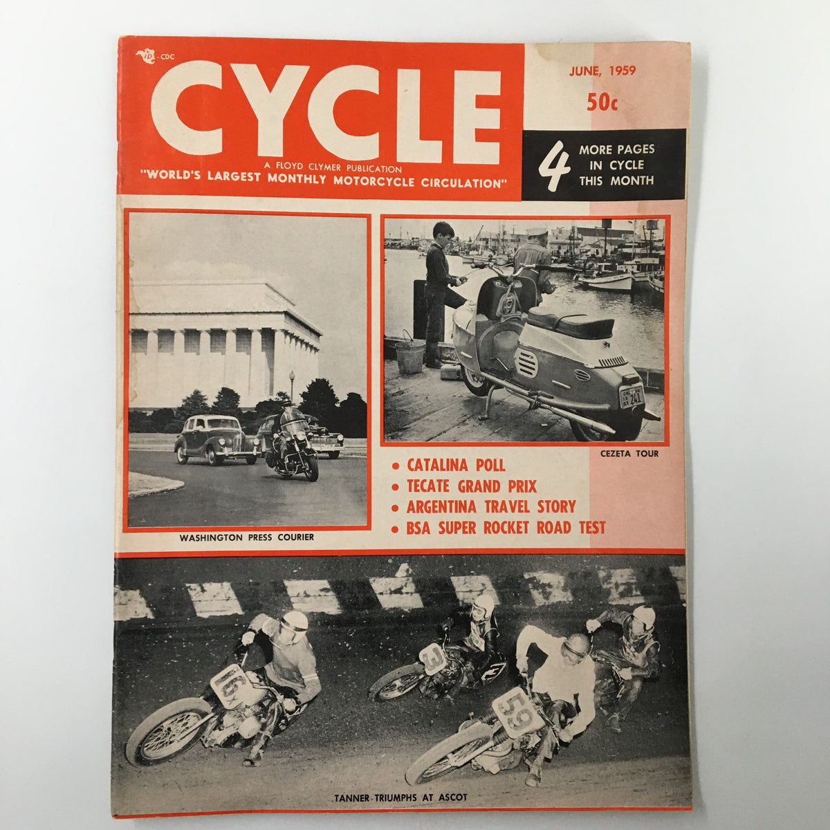 Cover of VTG Cycle Magazine June 1959 featuring Sammy Turner's victory at Ascot, displaying motorcycle racing culture and vintage design.