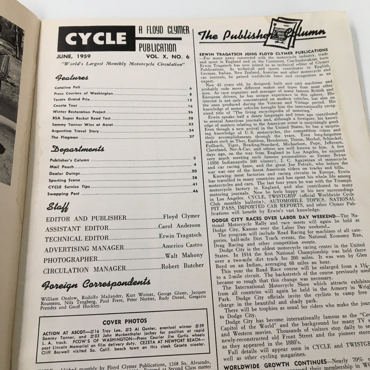 Inside page of VTG Cycle Magazine June 1959 featuring articles and features including 'Sammy Turner Wins at Ascot', providing insight into motorcycle culture of the 1950s.