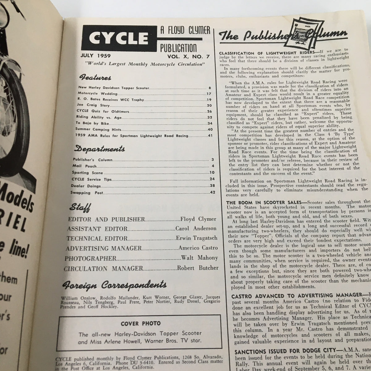 Vintage Cycle Magazine July 1959 R. O. Bates Receives WCC Trophy No Label