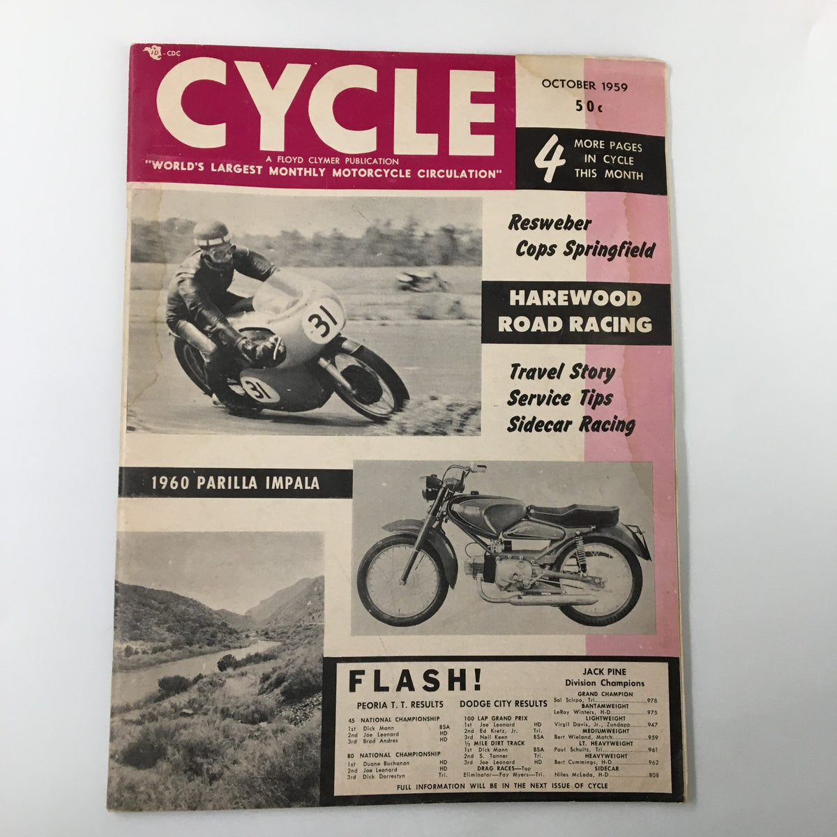 VTG Cycle Magazine October 1959 cover featuring Resweber Routes, Springfield Rivals, and Harewood Road Racing articles.