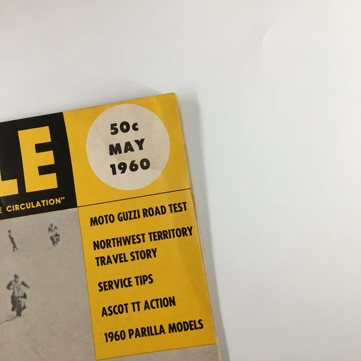 Detail of VTG Cycle Magazine May 1960, highlighting the publication date and contents, including features on Moto Guzzi Road Test and Northwest Territory Travel Story.