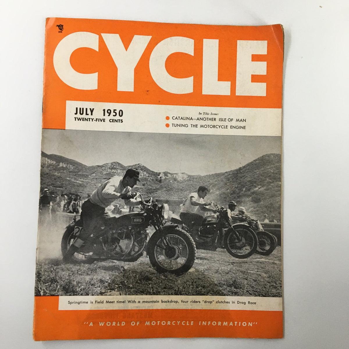 Cover of VTG Cycle Magazine July 1950 featuring articles on Catalina and the Isle of Man with a vintage motorcycle racing image.
