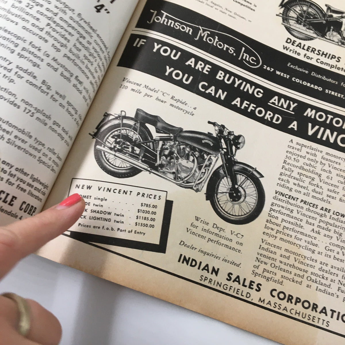 Interior page of VTG Cycle Magazine July 1950 displaying a vintage advertisement for Vincent motorcycles with pricing details.