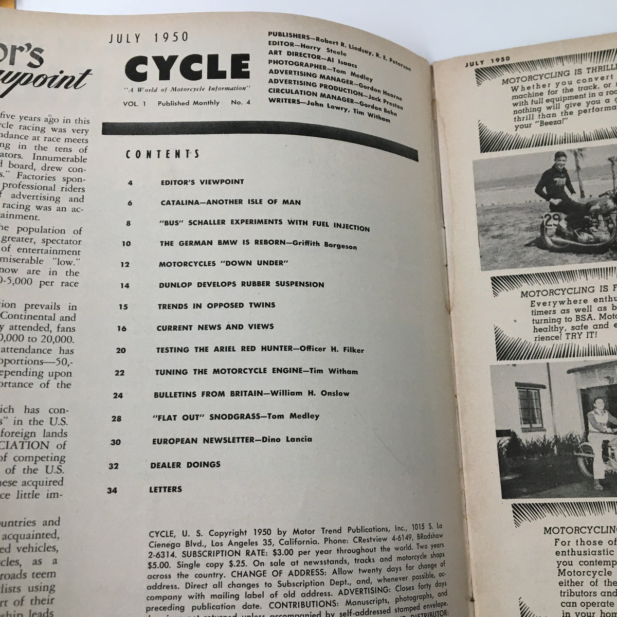 Inside page of VTG Cycle Magazine July 1950 featuring the contents section, highlighting articles about Catalina, Isle of Man, motorcycle developments, and trends in motorcycling.
